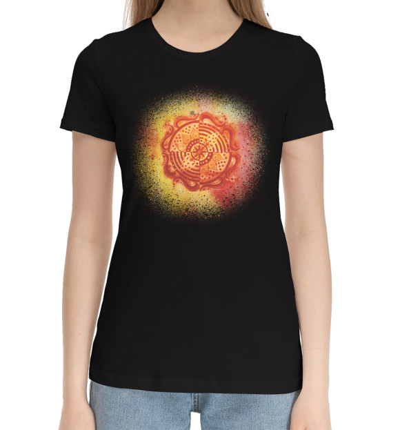 Женская хлопковая футболка с изображением Огненная мандала силы цвета Черный