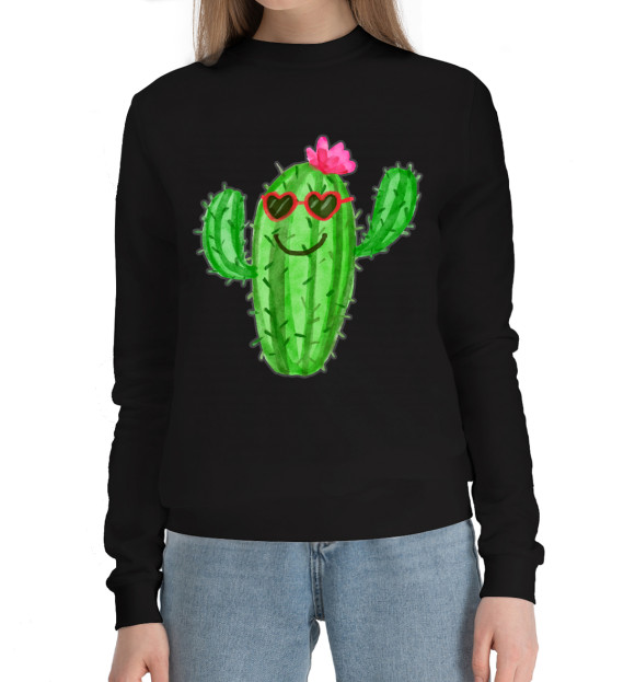 Женский хлопковый свитшот с изображением Позитивный кактус цвета Черный