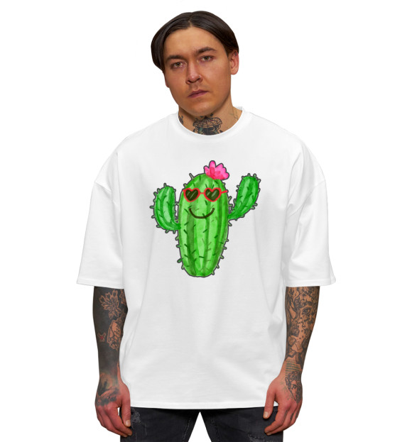 Мужская футболка оверсайз с изображением Позитивный кактус цвета Белый