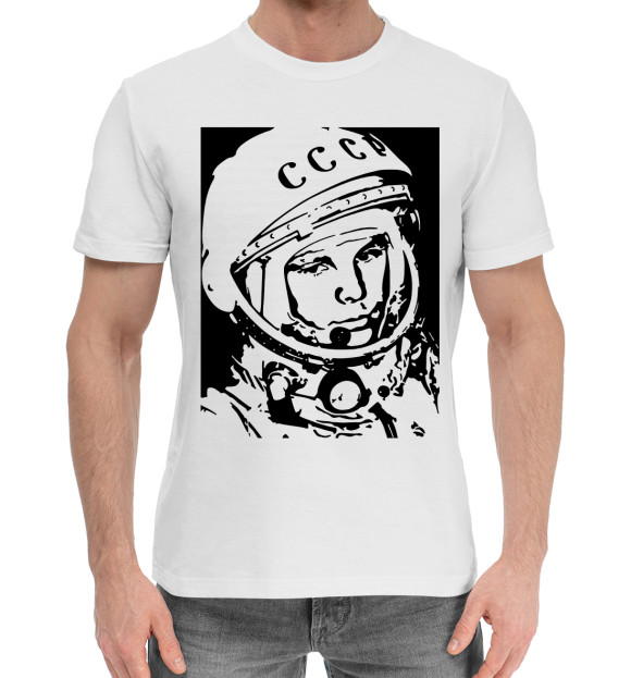 Мужская хлопковая футболка с изображением Юрий Гагарин цвета Белый