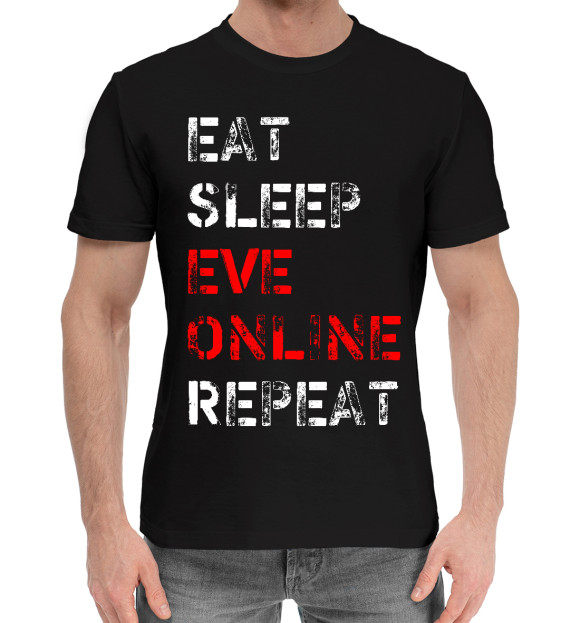 Мужская хлопковая футболка с изображением Eat Sleep EVE Online Repeat цвета Черный