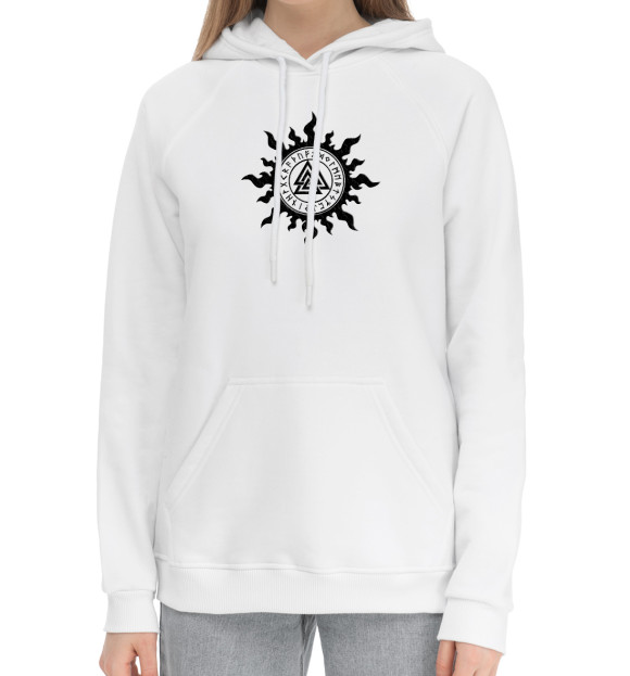 Женский хлопковый худи с изображением Валькнут в символике солнца цвета Белый