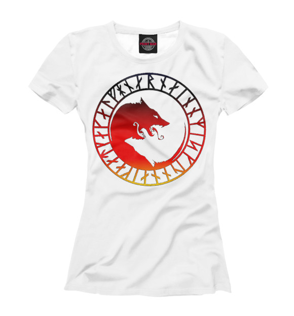 Женская футболка с изображением Волк Фенрир и руны цвета Белый
