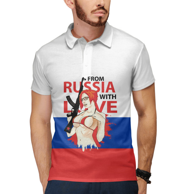 Мужское поло с изображением Из России с Любовью! цвета Белый