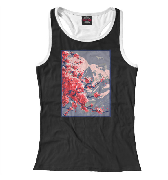 Женская майка-борцовка с изображением Горный пейзаж Сакура цвета Белый