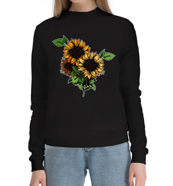 Женский хлопковый свитшот с изображением Подсолнухи цвета Черный