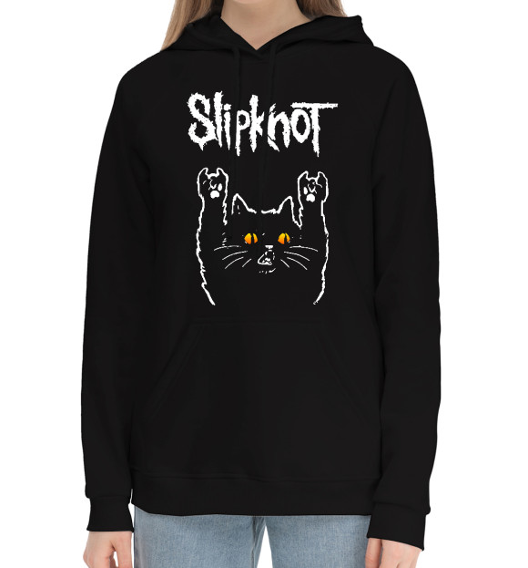 Женский хлопковый худи с изображением Slipknot Rock Cat цвета Черный