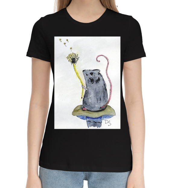 Женская хлопковая футболка с изображением Мышь цвета Черный