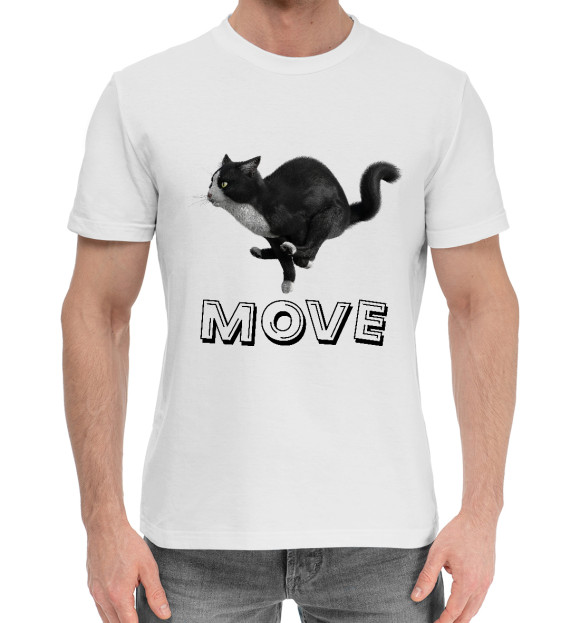 Мужская хлопковая футболка с изображением Move cat цвета Белый