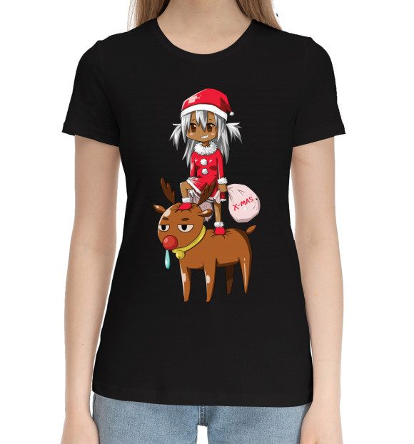 Женская хлопковая футболка с изображением X-mas цвета Черный