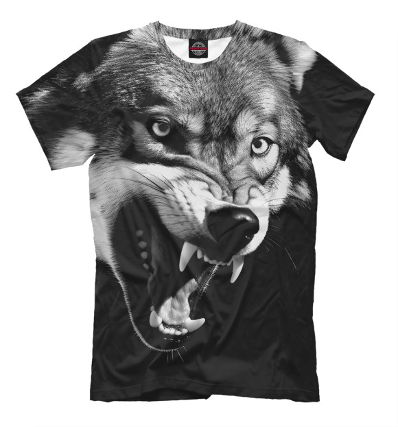 Мужская футболка с изображением Разъяренный волк на черном фоне цвета Белый