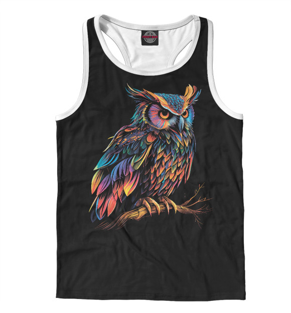 Мужская майка-борцовка с изображением Сова на ветке в ярких цветах цвета Белый