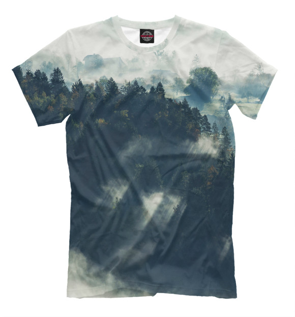 Мужская футболка с изображением Туманный лес. Лучи солнца цвета Белый