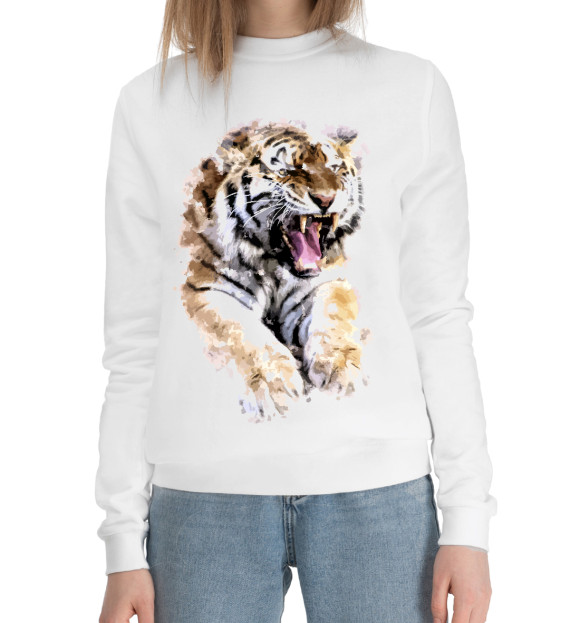 Женский хлопковый свитшот с изображением Уссурийский тигр цвета Белый