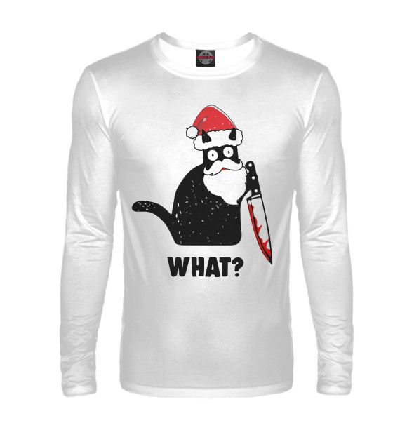 Мужской лонгслив с изображением Кот с ножом цвета Белый