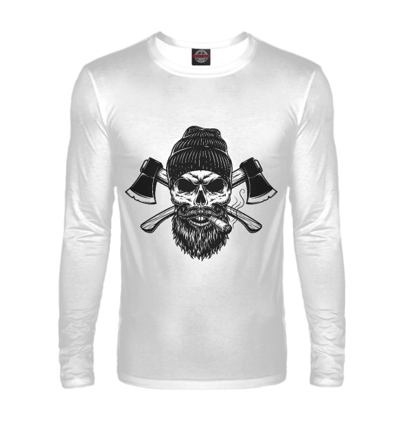 Мужской лонгслив с изображением Череп брутального дровосека цвета Белый