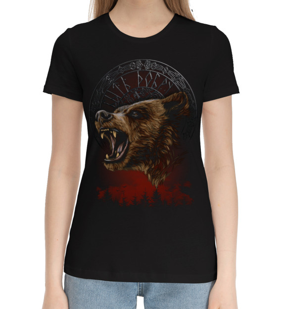 Женская хлопковая футболка с изображением Медведь - Быть Добру цвета Черный