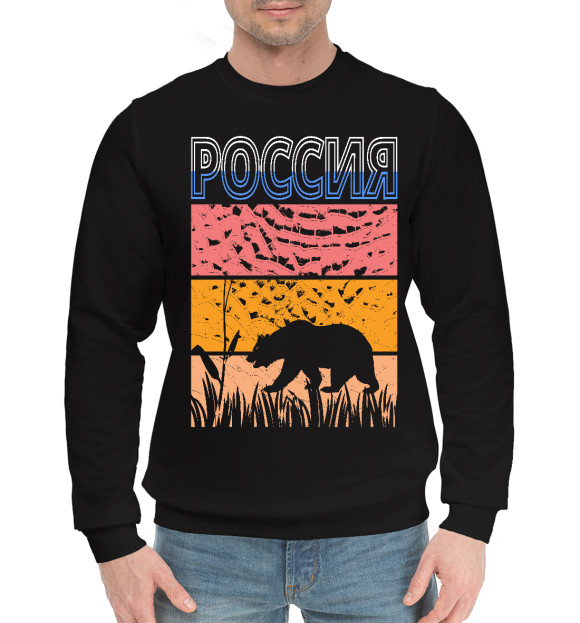 Мужской хлопковый свитшот с изображением Медведь Россия цвета Черный