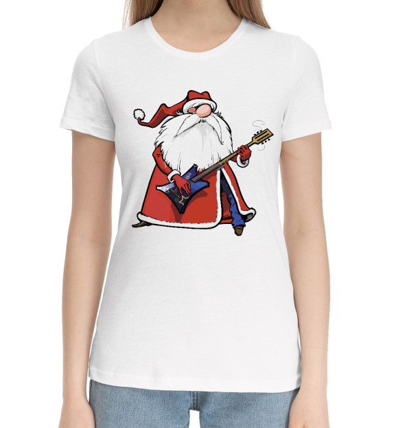 Женская хлопковая футболка с изображением Дед Мороз гитарист цвета Белый