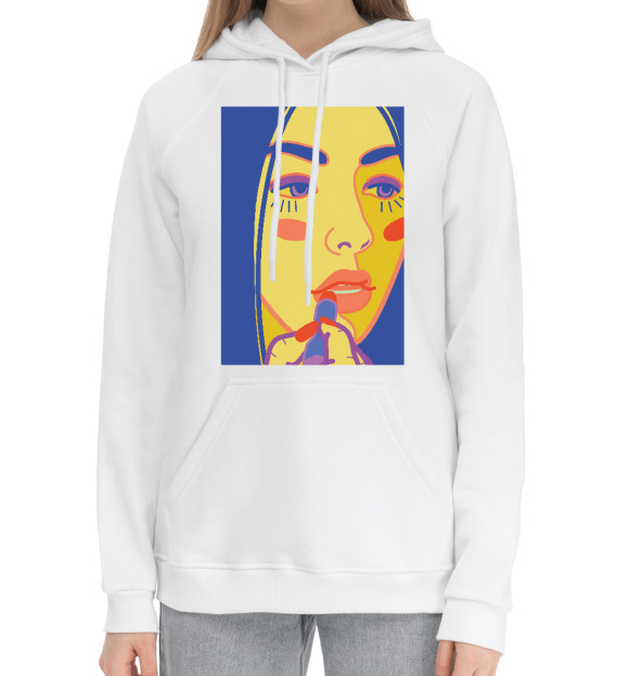 Женский хлопковый худи с притом Яркий женский портрет в стиле поп-арт цвета Белый Женский хлопковый худи с изображением Яркий женский портрет в стиле поп-арт цвета Белый