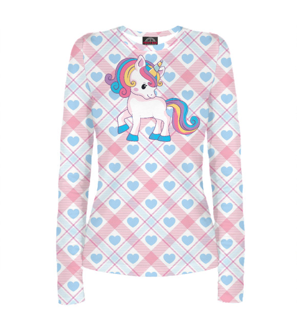 Женский лонгслив с притом Единорог на фоне сердечек цвета Белый Женский лонгслив с изображением Единорог на фоне сердечек цвета Белый