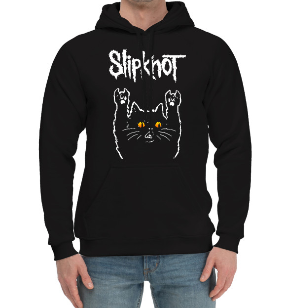 Мужской хлопковый худи с изображением Slipknot Rock Cat цвета Черный