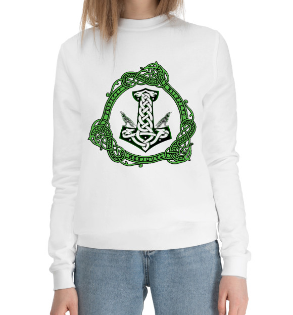 Женский хлопковый свитшот с изображением Молот тора и вороны цвета Белый