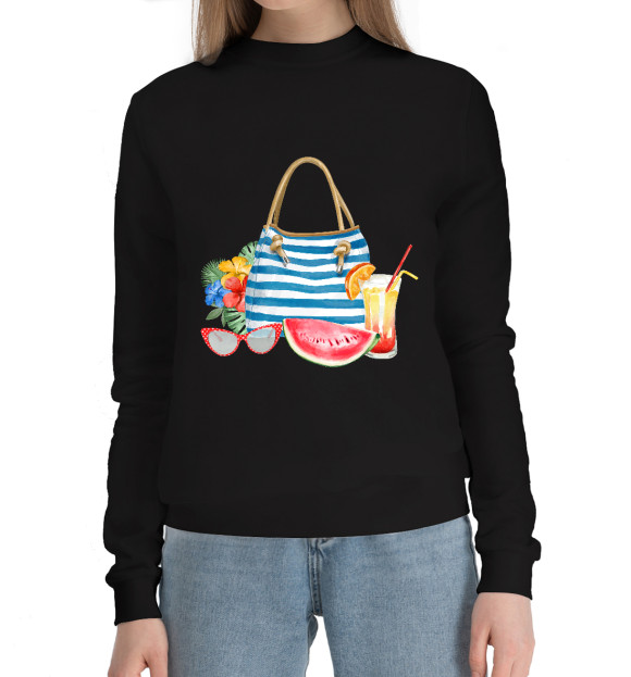 Женский хлопковый свитшот с изображением Пляжная сумка цвета Черный