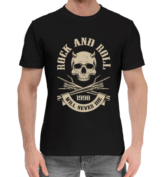 Мужская хлопковая футболка с изображением Rock N Roll - skull цвета Черный