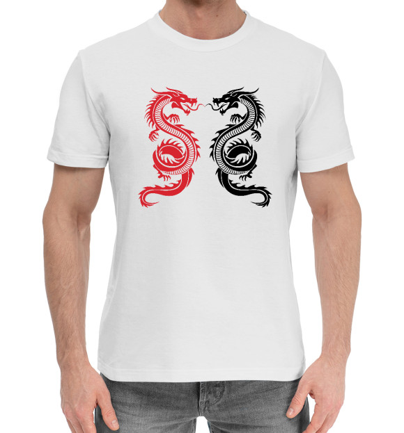 Мужская хлопковая футболка с изображением Два Дракона цвета Белый