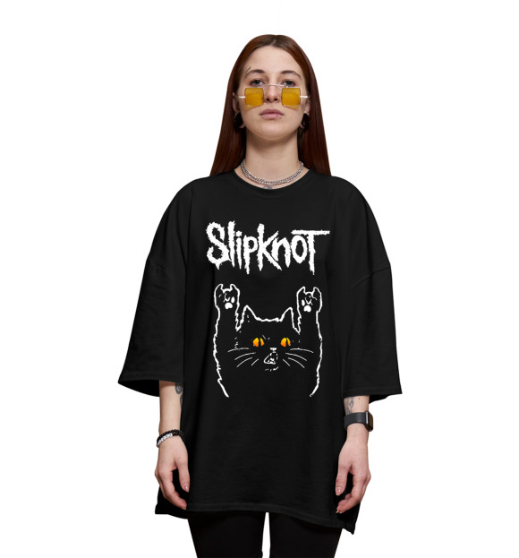 Женская футболка оверсайз с изображением Slipknot Rock Cat цвета Черный