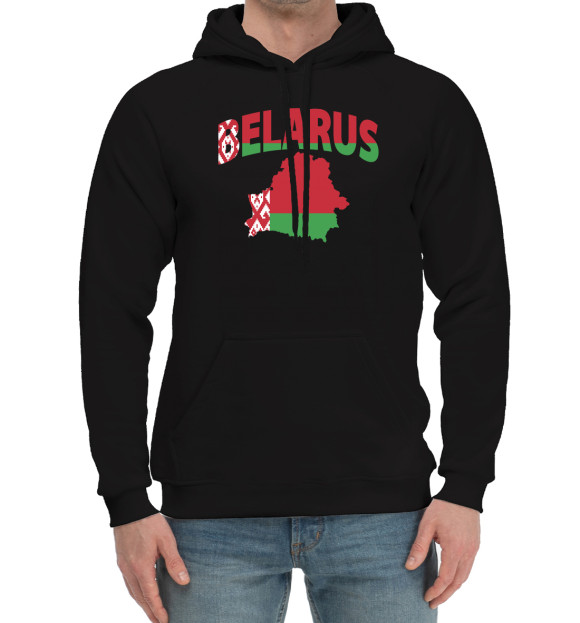 Мужской хлопковый худи с изображением Беларусь цвета Черный