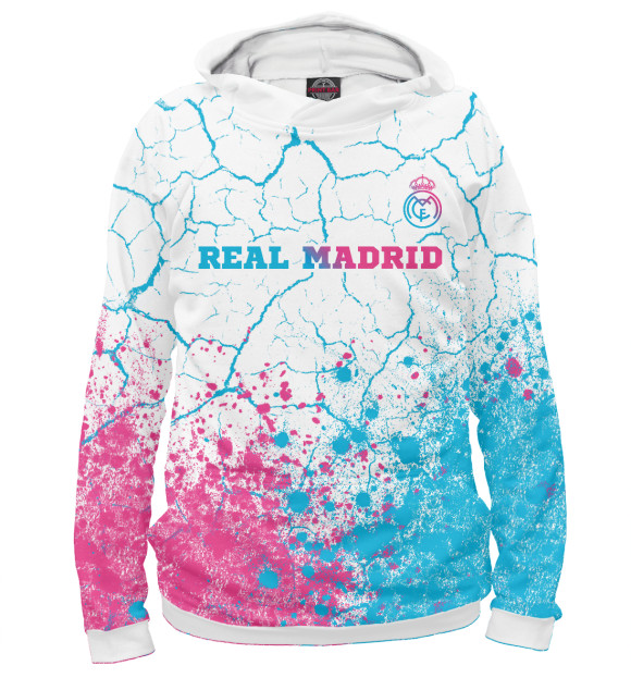 Мужское худи с изображением Real Madrid Neon Gradient (трещины) цвета Белый