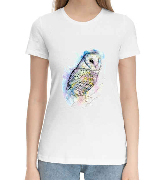 Женская хлопковая футболка с изображением Сипуха акварельная цвета Белый