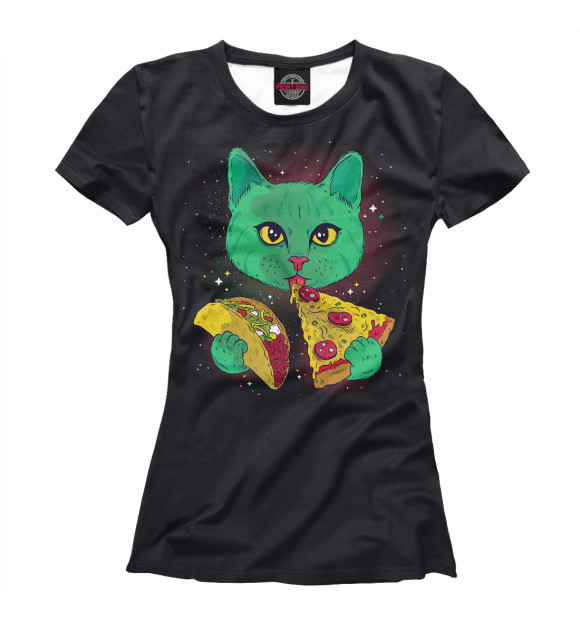 Женская футболка с изображением Cosmic pizza cat цвета Белый