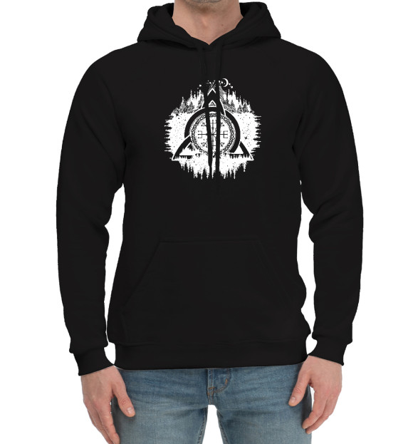 Мужской хлопковый худи с изображением Вегвизир Рунический Компас цвета Черный