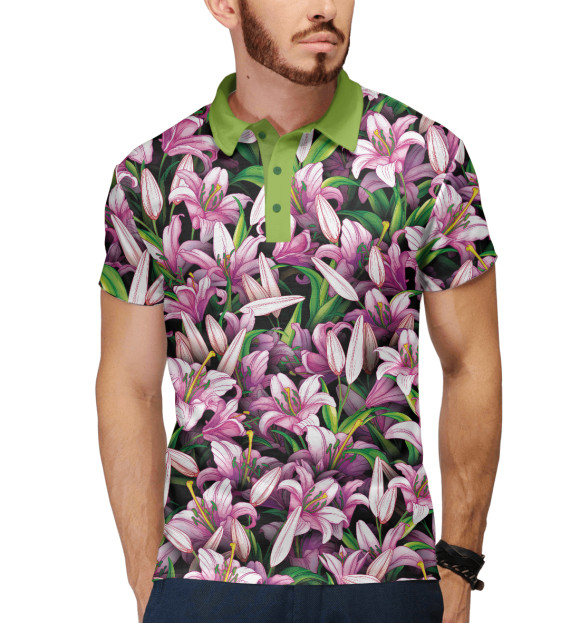 Мужское поло с притом Лилии цветут цвета Белый Мужское поло с изображением Лилии цветут цвета Белый