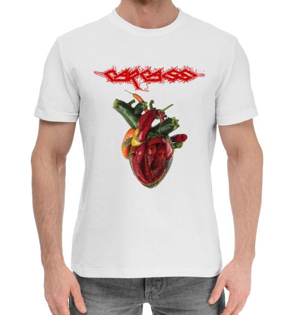 Мужская хлопковая футболка с притом Carcass цвета Белый Мужская хлопковая футболка с изображением Carcass цвета Белый