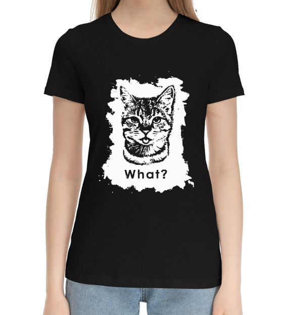Женская хлопковая футболка с изображением What? цвета Черный