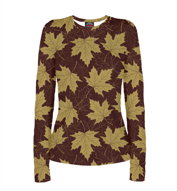 Женский лонгслив с притом Осенние листы (коричневый фон) цвета Белый Женский лонгслив с изображением Осенние листы (коричневый фон) цвета Белый