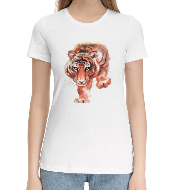 Женская хлопковая футболка с изображением Крадущийся тигр цвета Белый