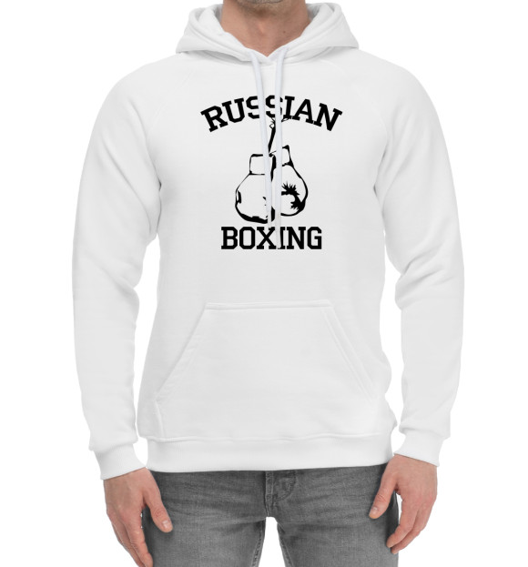 Мужской хлопковый худи с изображением RUSSIAN BOXING цвета Белый