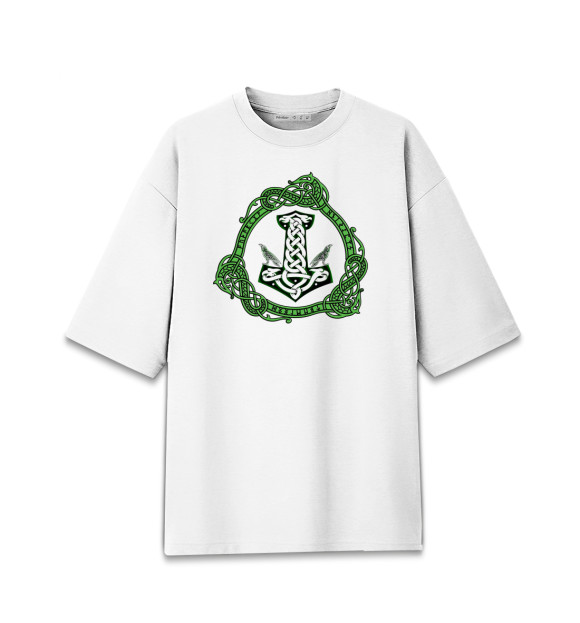 Женская футболка оверсайз с изображением Молот тора и вороны цвета Белый