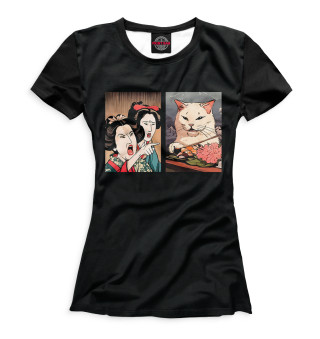 Женская футболка Мем с котом в японском стиле