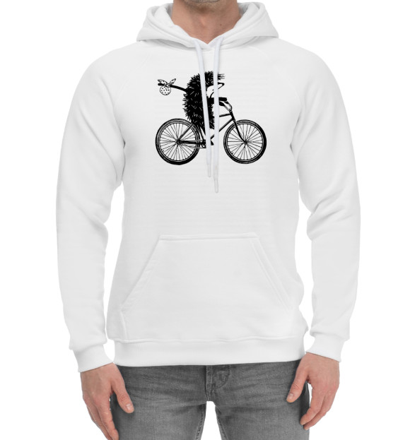 Мужской хлопковый худи с изображением Ежик на велосипеде цвета Белый