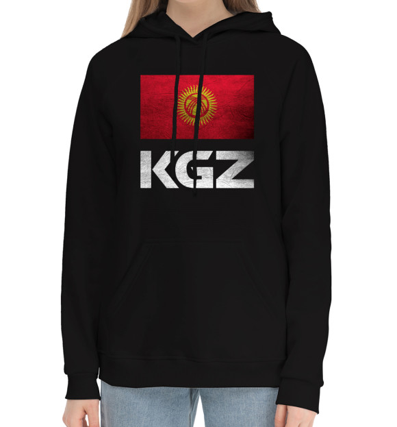 Женский хлопковый худи с изображением Кыргызстан цвета Черный