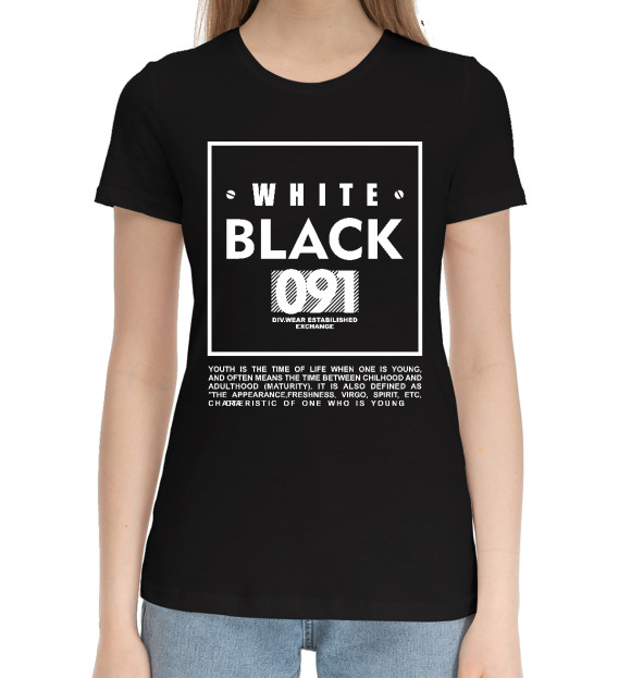 Женская хлопковая футболка с изображением Black and white 091 цвета Черный