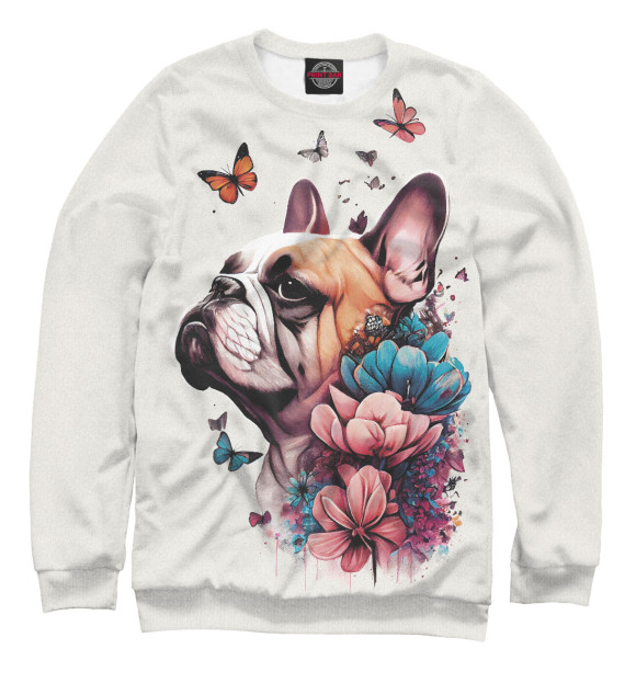 Женский свитшот с изображением Французский бульдог в цветах и бабочках цвета Белый