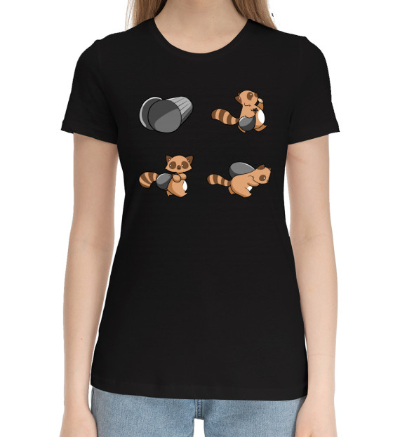Женская хлопковая футболка с изображением Енот цвета Черный