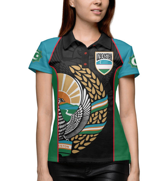 Женское поло с притом Узбекистан цвета Белый Женское поло с изображением Узбекистан цвета Белый